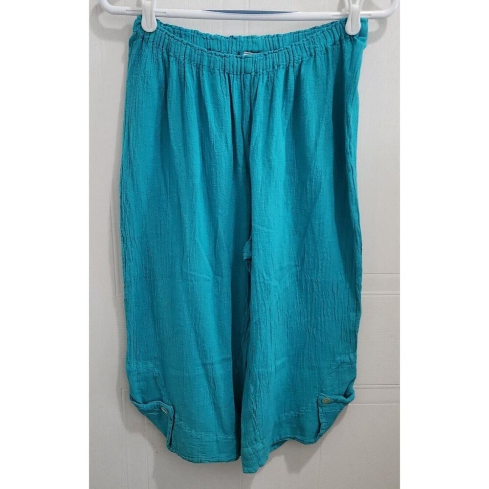 Oh My‎ Gauze Women's Cropped Pull On Pedal Pusher Pants Button Accents Blue Sz 1